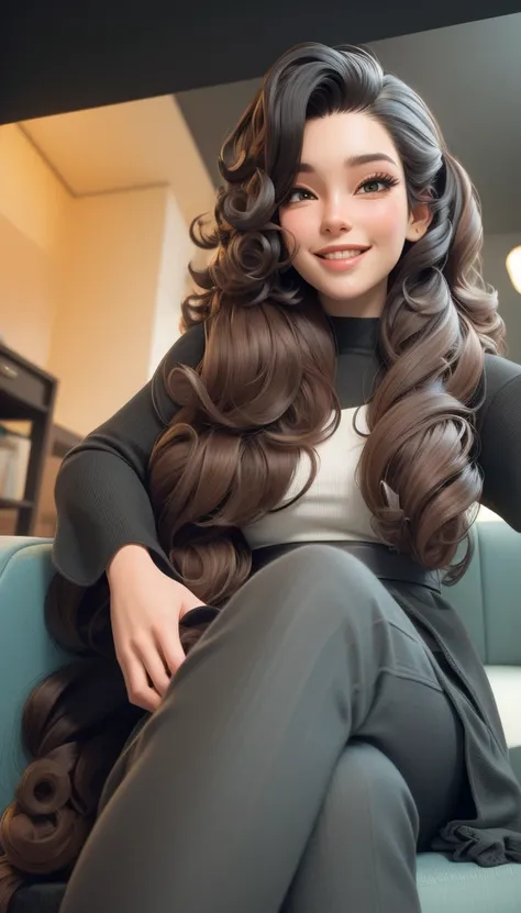 a close up of a woman sitting on a couch with a smile, with long curly hair, long curly black hair, long curly hair, long dark curly hair, profile image, long black curly hair, long messy curly hair, black long curly hair, curly long hair, long wild black ...