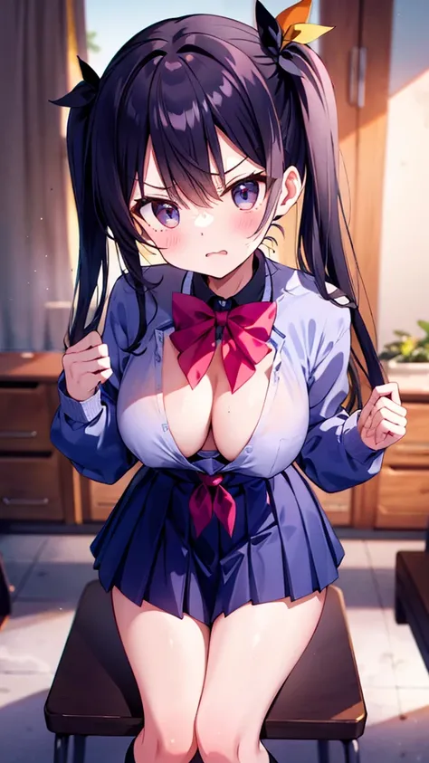  twin tails、 slightly angry face、Big Breasts、 school uniform、 cleavage、 Seduce Me 