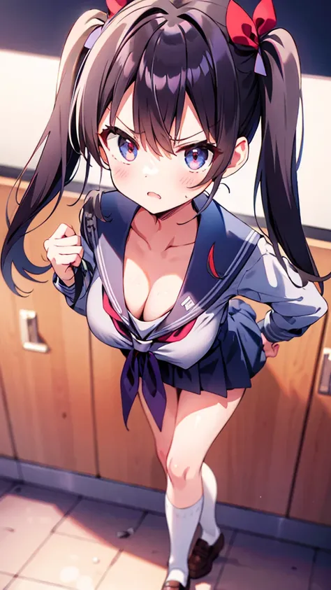  twin tails、 slightly angry face、Big Breasts、 school uniform、 cleavage、 Seduce Me 