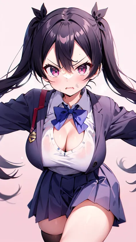  twin tails、 slightly angry face、Big Breasts、 school uniform、 cleavage、 Seduce Me 