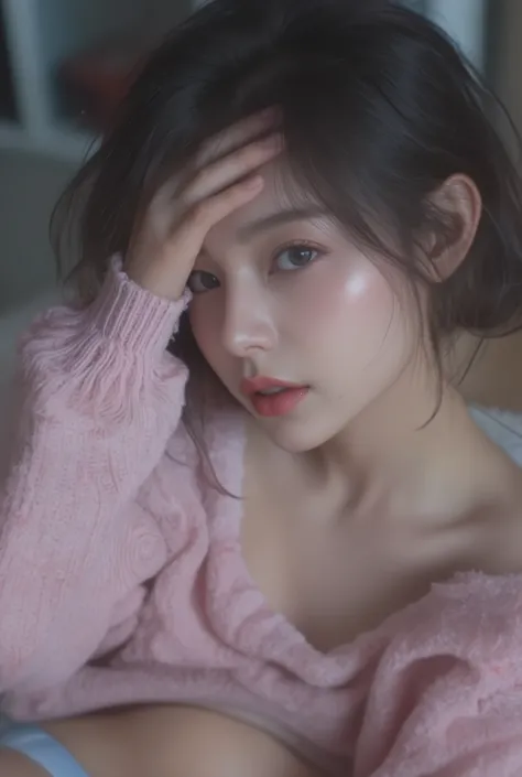 8k, masterpiece, highest quality, Surrealism, Low-angle, close-up. Dark hair, bangs, fair skin, deep cleavage, delicate features. Oversized light pink sweater, off-the-shoulder, light blue underwear. sitting, legs spread apart, lean back a little bit, on...