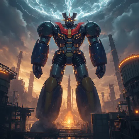  Modified Mazinger Z ,  Mazinger Z is 100 meters tall.   Constructed with modern materials such as steel  ,   Carbon Fiber  ,   Other industrial elements are also visible  ,  Just like the real thing  ,    I'm standing ahead at the height of a high-rise to...