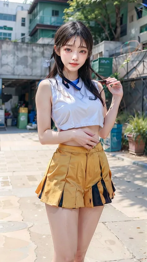 A beautiful young Japanese woman, 20 years old, with perfect anatomy, healthy thighs, beautiful feet, flawless skin, random hair color and style, large bust, (she is standing:1.2), wearing a cheerleader uniform with micro-pleated miniskirt, in a full body ...