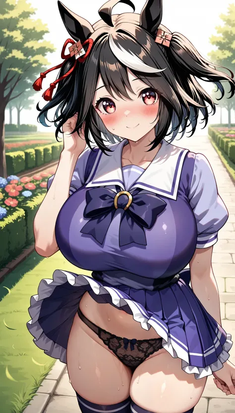 best quality,4k,8k,1girl,(huge breasts),smile,blush,sweat,Kitasan_Black_Umamusume,   animal ears, short hair, streaked hair, hair ornament, ((tracen school uniform:1.3)), black thighhighs,mini skirt,wind, wind lift,black panties,lace panties,garden