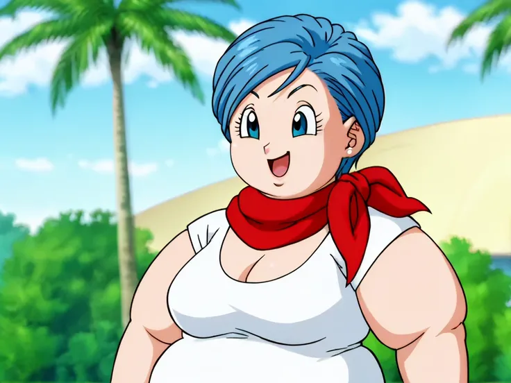 source_anime, score_9, score_8_up, score_7_up, anime screencap,8k, absurd res, 
bulma, 1girl, solo, breasts, smile, short hair, open mouth, blue eyes, cleavage, jewelry, medium breasts, blue hair, white shirt, upper body, :d, earrings, outdoors, sky, day, ...