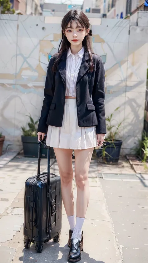 A beautiful, 24-year-old Japanese woman with perfect anatomy, healthy thighs, beautiful legs, beautiful skin, random hair color and style, large breasts, (wearing a flight attendant uniform with a mini-skirt:1.3), (she is standing:1.2), full body shot, pum...