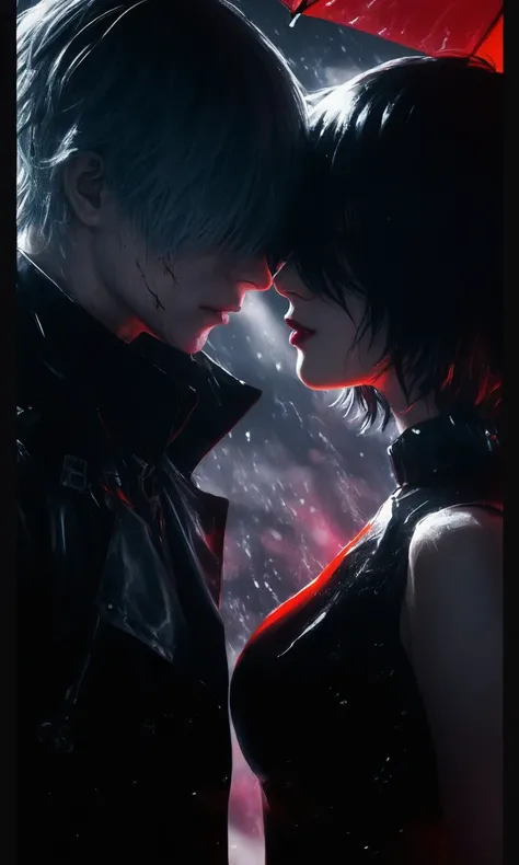 Beautiful man woman couple kissing in the rain with red light, tokyo ghoul, badass 8 k, wallpaper art , kaneki ken, ultra hd wallpaper,style METALEKS art, ken kaneki