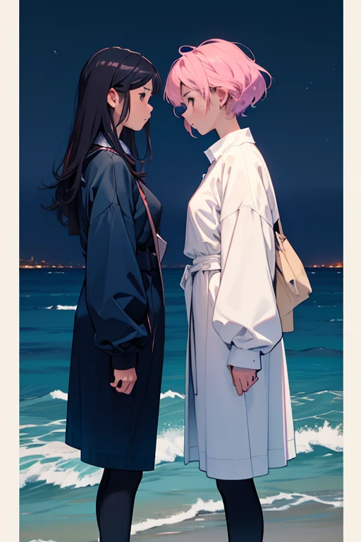 create book cover, animated, soft pastel colour, dark blue background, cute, fancy, there's ocean and midnight theme. Two girls facing each other from afar, an invisible wall in the middle of them. Make them have distance