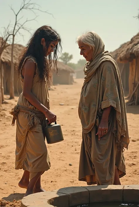 Maya Helping the Old Woman: "A young, poor girl named Maya, with long, messy hair, wearing simple, worn clothes, helps an elderly woman by a well in a rural village. Maya is carrying a water jug while the old woman looks grateful. The setting is dusty with...