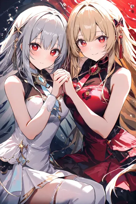  two girls　 twins　 blonde long hair　 red eyes　 gray hair semi-long 　 red eyes　 holding hands together　 above water　 glitter　 high definition