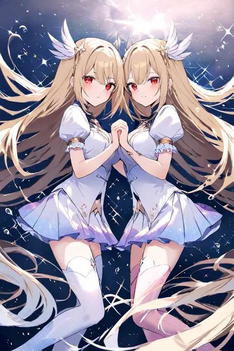  two girls　 twins　 blonde long hair　 red eyes　 gray hair semi-long 　 red eyes　 holding hands together　 above water　 glitter　 high definition