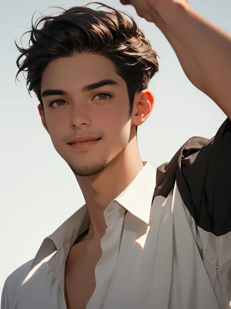  A 28-year-old man .  short but soft brown hair and brown eyes. Manly but has smooth lines and a straight nose.  lovely eyes. Looking straight ahead and smiling brightly. employee.  has unbuttoned white shirt . The background is dark. Depict not too clearl...