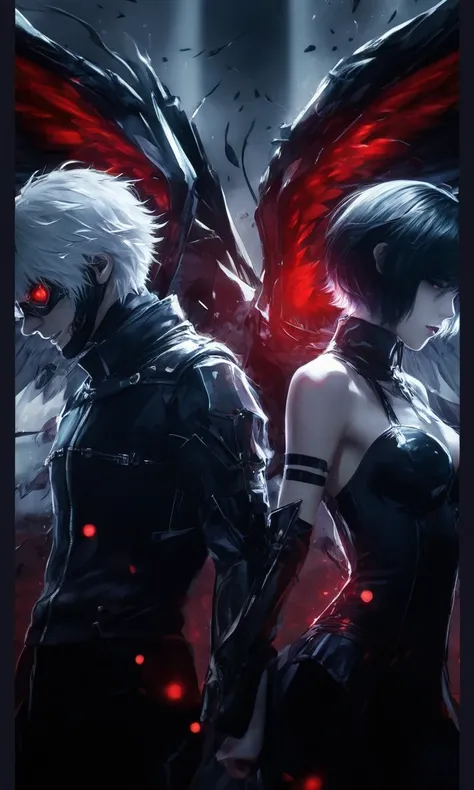 two man woman characters with wings and red lights, badass 8 k, 2b, 2 b, best konachan wallpaper, style METALEKS art, tokyo ghoul, ultra hd wallpaper, art wallpaper 8 k