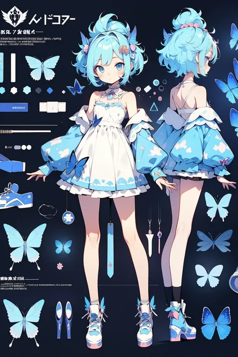 blue butterfly character,girl,animated film, full body, simple background,  Design Sheet , animated film메이션,