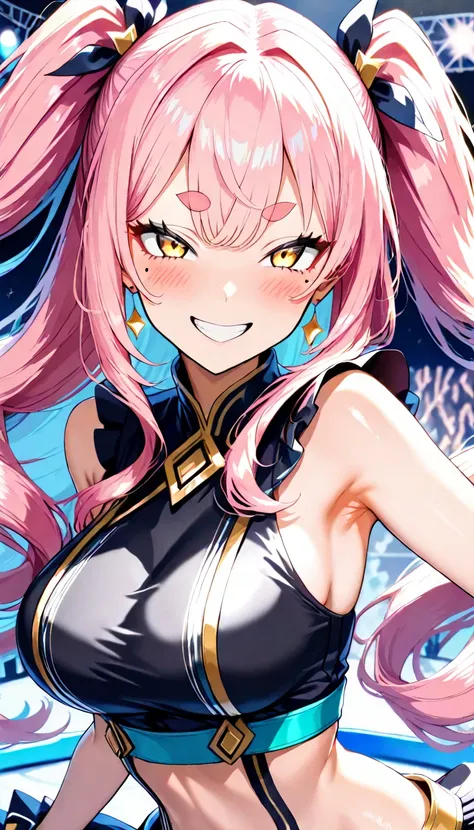 Sing and dance, idol costume, outdoor stage,The background is dizzy ,Proper Lighting,( top quality, 8k,  masterpiece:1.3, beautiful girl), growing skin,((( long hair, long hair, beautiful hair, pink hair:1.2))),( perfect anatomy, very well detailed skin),(...