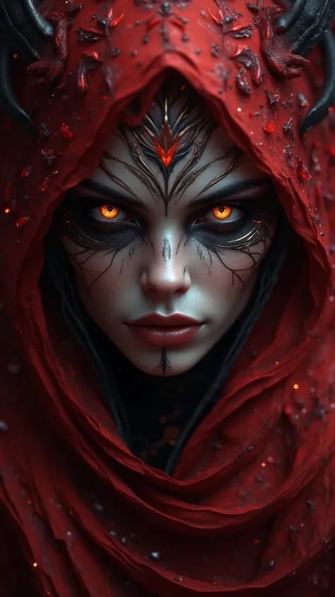 Close up of a person with a skull and red cloak,  Ultra Detailed Fantasy Characters,  Dark Fantasy Character Design ,  Tomasz Allen Kopela and the CG Society, beautiful graceful demon queen, Stephen Gesell ,  fantasy art behance ,  Dark Fantasy Art ,  dark...