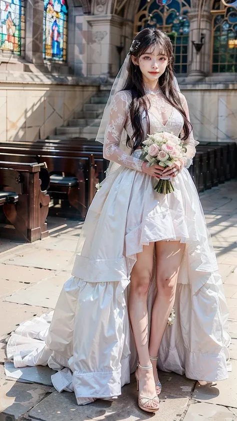 A beautiful young Japanese woman, 26 years old, with healthy thighs, beautiful legs, flawless skin, random hair color and style, large breasts, wearing a (wedding dress:1.3), (she is standing:1.2), full body shot, high heels, holding a bouquet in her hands...