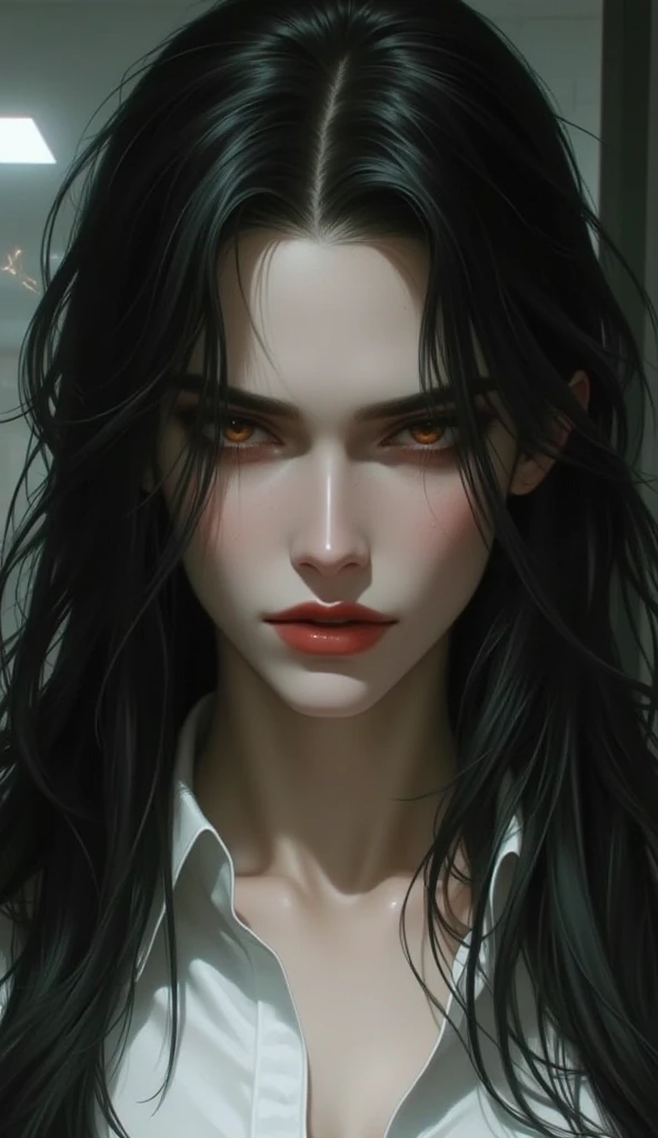 young woman, mature looking woman, black long hair,  white shirt, dark eyeshadow, red lips, beautiful,. her lips parted slightly seductively, with a wicked look in her eyes, with a spark effect that adds to the impression of a thriller., background office,...