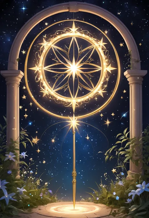 Brilliant round mystical portal filled with twinkling stars and a modern mystical magic wand 