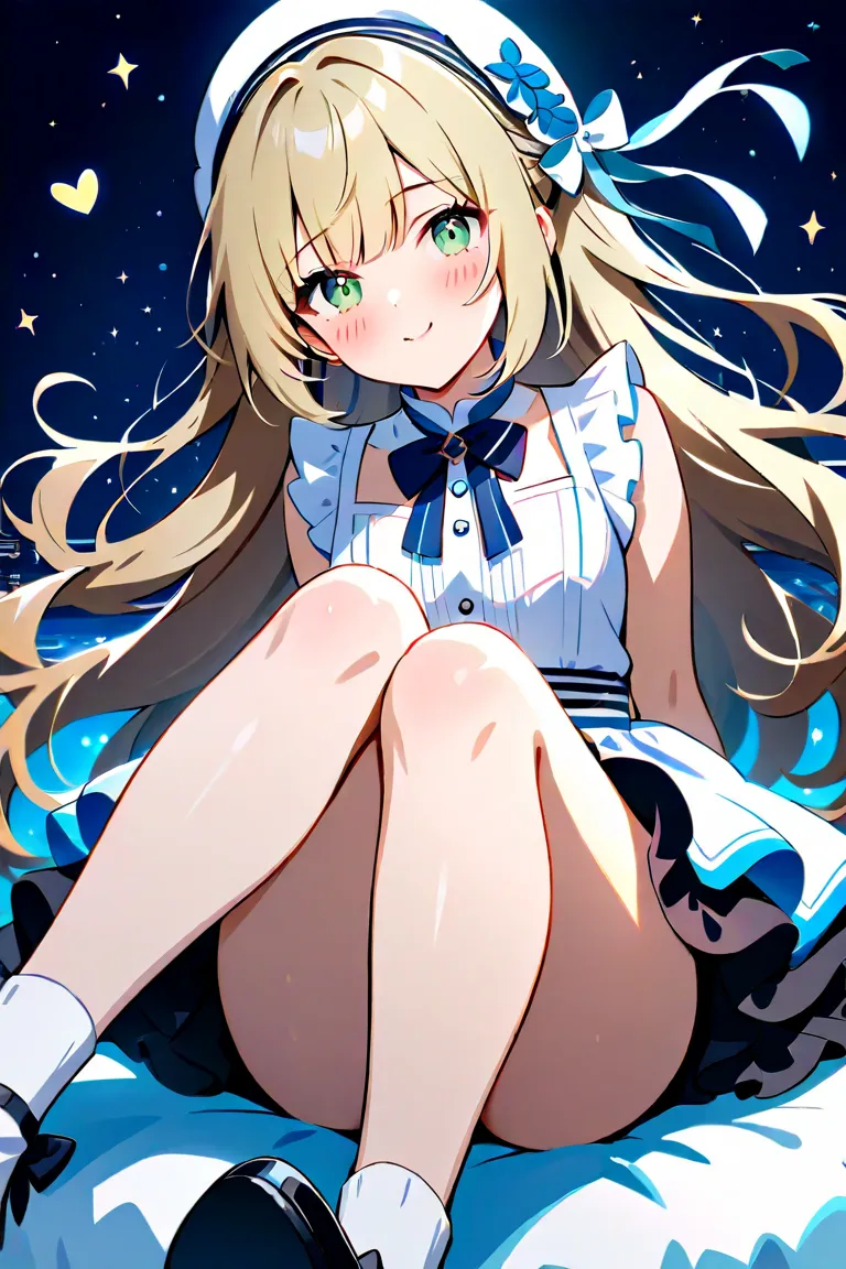 Under the night sky、Blond girl sitting quietly 、 with ribbons tied to her long hair 、 softly swaying when illuminated by moonlight 、 The glow of aqua is reflected in her deep green eyes 、 her cheeks are slightly red 、 and her frilly skirt spreads softly 、 ...