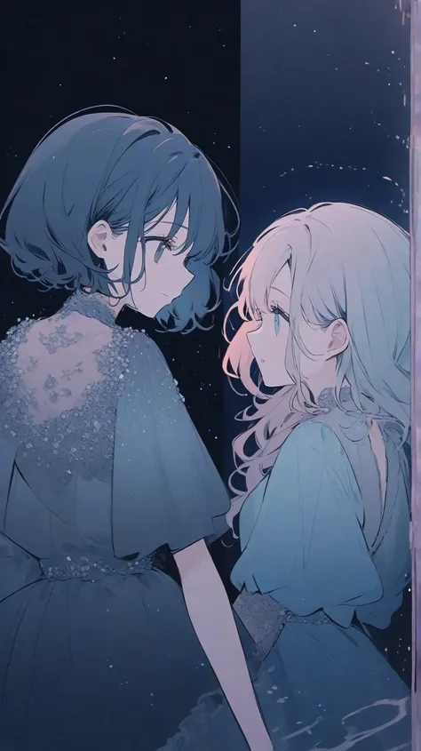 create book cover, animated, soft pastel colour, dark blue background, cute, fancy, there's ocean and midnight theme. Two girls facing each other, an invisible wall in the middle of them, in tthe middle of midnight ocean