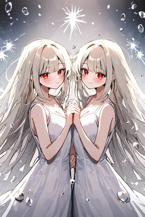  two girls　 twins　 blonde long hair　 gray hair semi-long 　 red eyes　 holding hands together　 is laughing　Water Drop　 glitter　 high definition　The white dress flutters