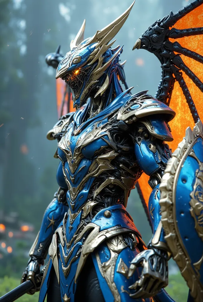 (  top quality ),( Steel fantasy ) ( The coolest metallic dragon with intricate blue and gold decorations in the world and a mechanical humanoid android dragon knight fuse to wear dragon helmets、 holding a sword of lightning and a shield of light、The wings...