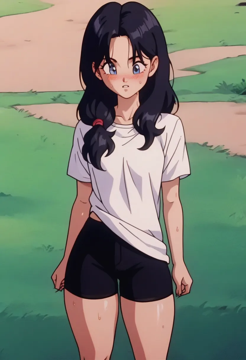   source  _animated,  score _9,  score _8_arriba,  score _7_arriba, animated screencap,
he saw, 1 girl, Alone ,  long hair, blue eyes,  black hair, (shirt up ), ( thick thighs),  white shirt, field, without fingers,  black shorts, sweat, (((gym))), Under t...