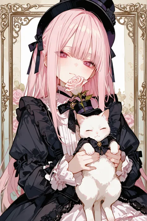 ,748cmstyle,trk,dark gothic,pastel,gothic lolita fashion, twin cute girls, one in white dress, one in black dress, intricate lace and frills, victorian-inspired attire, holding large roses, cute gothic dolls, black cat with top hat, white cat with hat, pas...