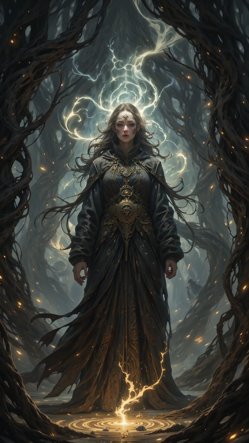  Captures a mysterious witch summoning power in a dark fantasy setting， Creates Fictional Creatures ，Flowing Light ，Magical Atmosphere ， Inspired by Celtic Myths and Folklore 。