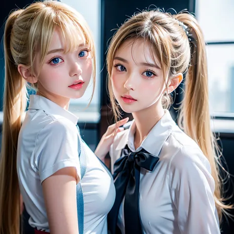  portrait、 school uniform、 ponytail、 young shiny shiny white shiny skin 、Great looks、Reflected light on bright blond hair 、 beautiful light blond hair with dazzling highlights 、 beautiful white girl 、 shiny bright hair ,、Smooth, super long, straight hair、S...