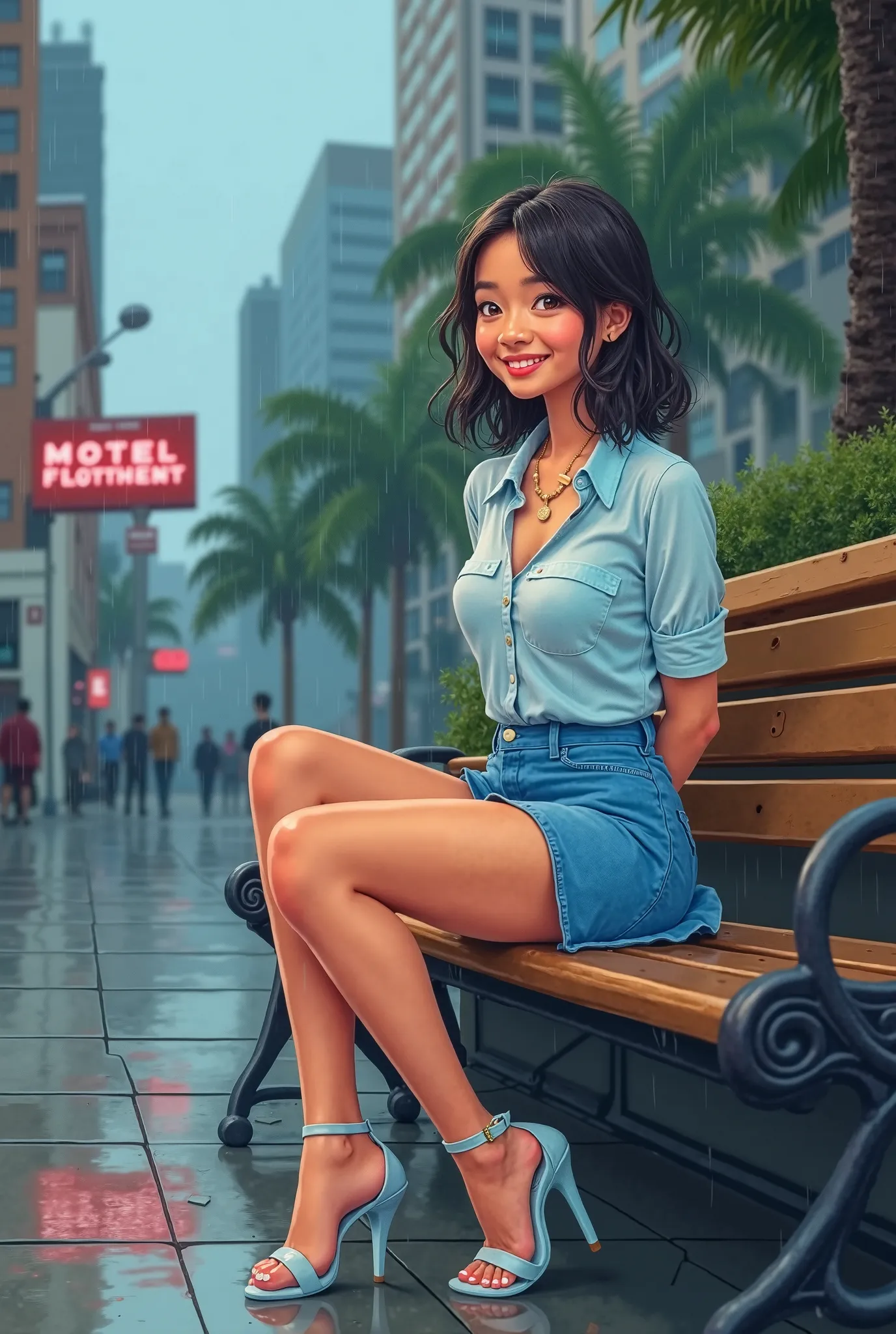 Tip: A very lovely  beautiful Asian American woman being happy alone on a bench in Downtown San Diego in the rain.. The illustration is a high definition illustration with 4k resolution., with highly detailed facial features and cartoon style visuals, ligh...