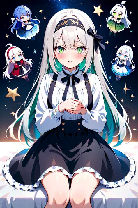 Under the night sky、Blond girl sitting quietly 、 with ribbons tied to her long hair 、 softly swaying when illuminated by moonlight 、 The glow of aqua is reflected in her deep green eyes 、 her cheeks are slightly red 、 and her frilly skirt spreads softly 、S...