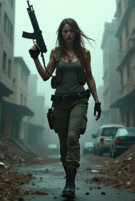 A beautiful woman carrying a gun, it's a zombie apocalypse 