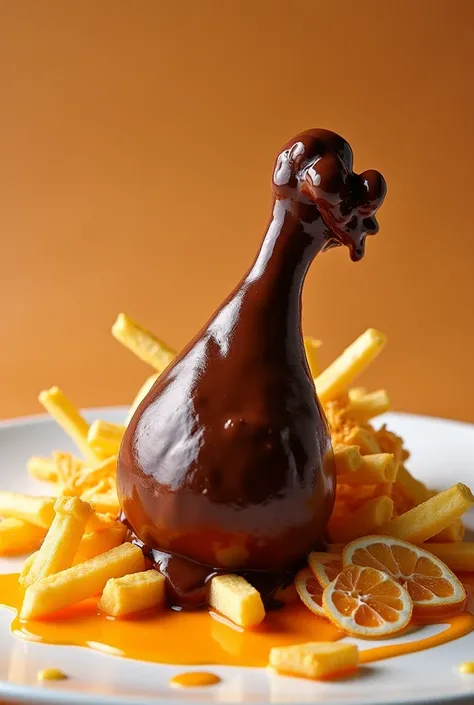 Create me a chicken leg dish created from hazelnut ice cream and chocolate cream .  everything must be accompanied by dehydrated apples created in a way, french fries and an orange sauce