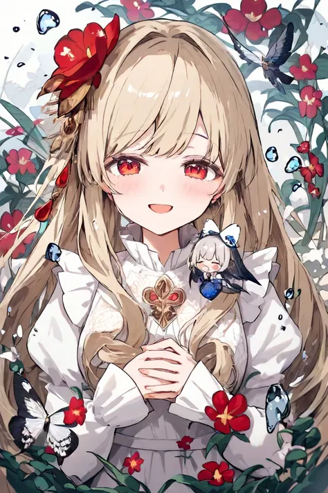  two girls　 twins　Long blonde hair and semi-long gray hair　 red eyes　They're putting their hands together and laughing　Water Drop　 glitter　 high definition　The white dress flutters　Red flower ornament　Background of Kinmokusei　 Butterflies Are Flying 