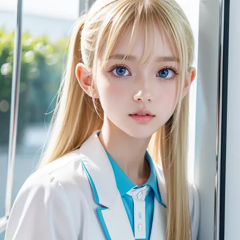  portrait、 school uniform、 ponytail、 young shiny shiny white shiny skin 、Great looks、Reflected light on bright blond hair 、 beautiful light blond hair with dazzling highlights 、 beautiful white girl 、 shiny bright hair ,、Smooth, super long, straight hair、S...