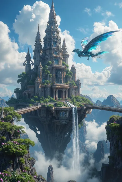  fantasy landscape　 steampunk、  has a worldview like an avatar 、island々 floats in the air 。bridge、 an aerial garden with a complex shape like a beautiful ancient site 。 Lush Garden  、Ancient Roman Ruins、  Ancient Atlantis 、 A garden with a waterfall  、   T...