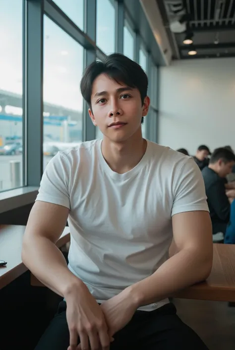 A handsome Korean man with a muscular T-shirt sitting in a restaurant in an airport looking at the camera