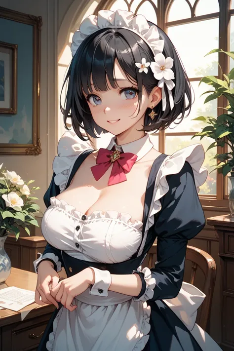 uncensored black hair short hair flower hair ornament cute smile beautiful big boobs maid outfit nude embarrassing