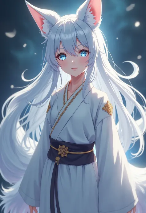 Boy anime character with long white hair down to his back and blue eyes, Ears and Nine Fox Tails,  wearing a white kimono with gold details.