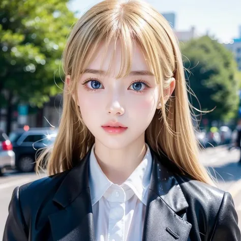  portrait、 school uniform、 ponytail、 young shiny shiny white shiny skin 、Great looks、Reflected light on bright blond hair 、 beautiful light blond hair with dazzling highlights 、 beautiful white girl 、 shiny bright hair ,、Smooth, super long, straight hair、S...