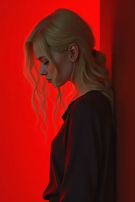 sad young blonde standing with her head down and closing her eyes - side view -on a red background - photorealism 