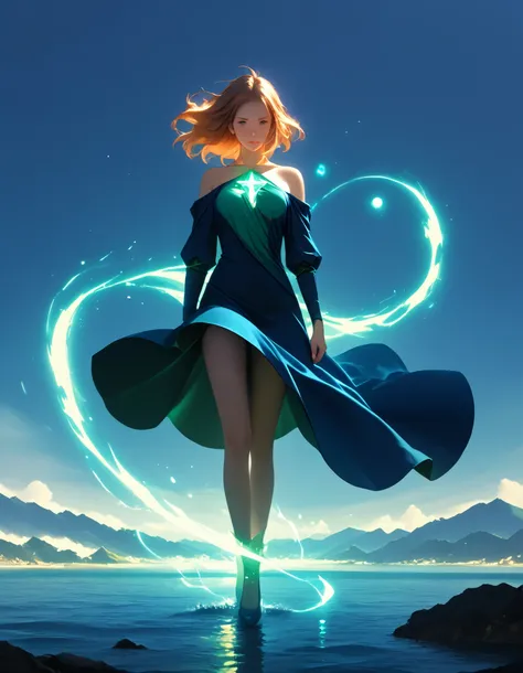 Wizard Girl, loose dress, floating dress, wind, ball of water energy, magical powers, in a stunning island scene, large apart breasts, (uncovered chest), perky tits, absurdres,