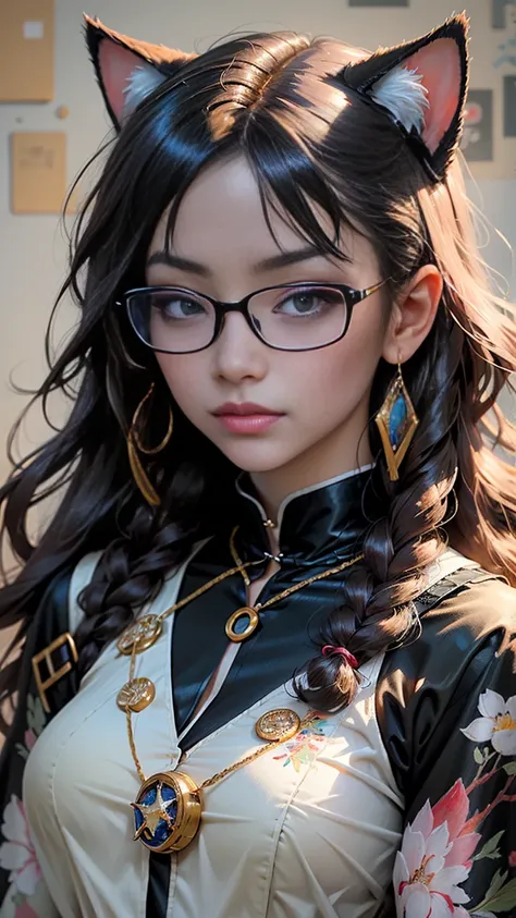 a close up of a woman wearing glasses and a cat costume, a hyperrealistic painting inspired by Ayami Kojima, reddit, shin hanga, with glasses, seductive anime girl, gorgeous chinese model, japanese model, japanese goddess, with glasses on, black glasses, r...