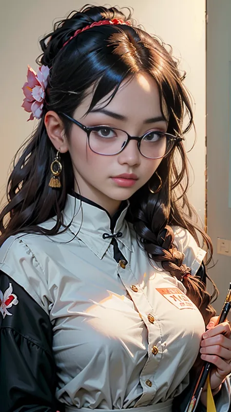 a close up of a woman wearing glasses and a cat costume, a hyperrealistic painting inspired by Ayami Kojima, reddit, shin hanga, with glasses, seductive anime girl, gorgeous chinese model, japanese model, japanese goddess, with glasses on, black glasses, r...