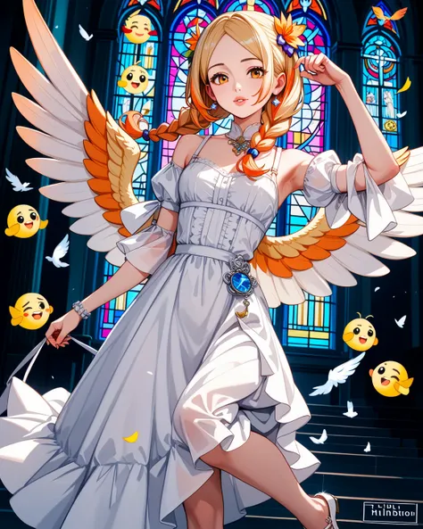 Female angel (age:1.2)、(nationality:1.2)、(Detailed description of clothing :1.2)、( Accessories:1.2)、( facial features :1.3)、( Emoji:1.2)、(Body Type:1.2)、( pose :1.3)、青いeye、((loose white dress with drapes)) (Detailed description of clothing :1.2) Wearing、 l...