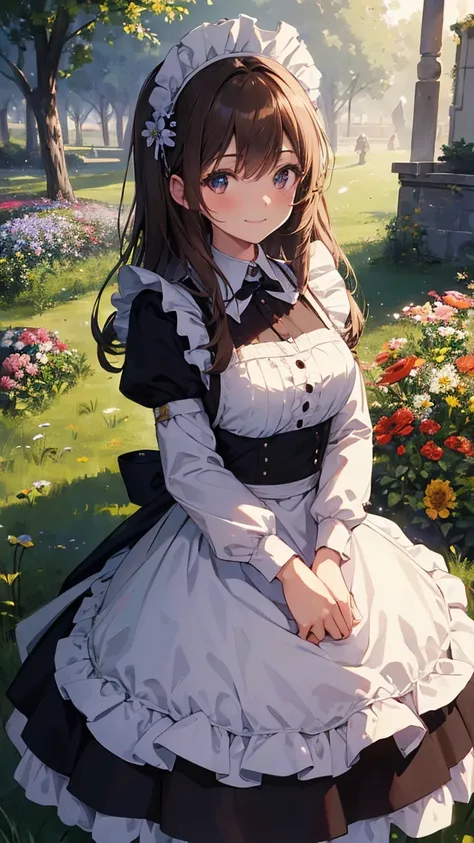 (highest quality, 8k, masterpiece, super detailed:1.2), cinematic angle, flowering meadow, shine, particles of light, garden, 1 girl, alone, maid, maid costume, apron, long brown hair , cute, smile,she is lifting her skirt ,