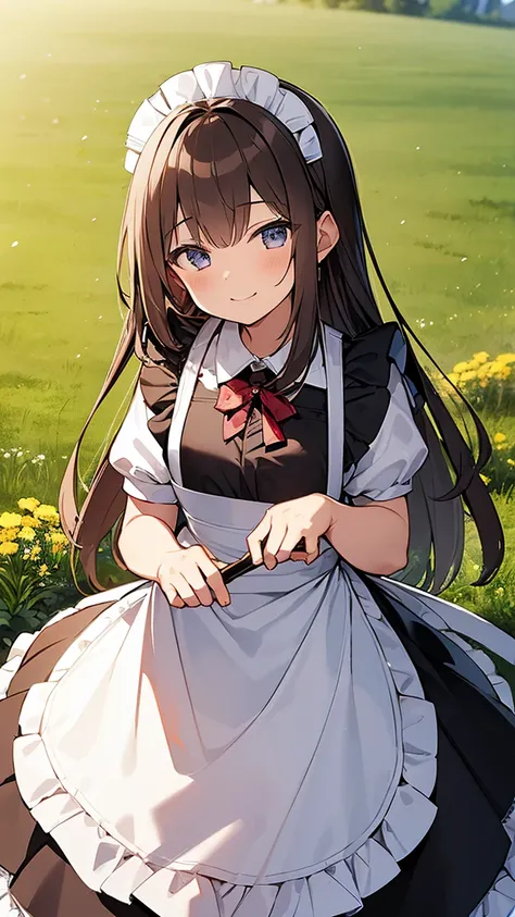 (highest quality, 8k, masterpiece, super detailed:1.2), cinematic angle, flowering meadow, shine, particles of light, garden, 1 girl, alone, maid, maid costume, apron, long brown hair , cute, smile,she is lifting her skirt ,