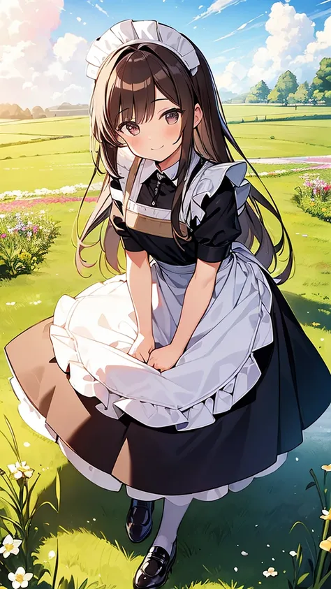 (highest quality, 8k, masterpiece, super detailed:1.2), cinematic angle, flowering meadow, shine, particles of light, garden, 1 girl, alone, maid, maid costume, apron, long brown hair , cute, smile,she is lifting her skirt ,